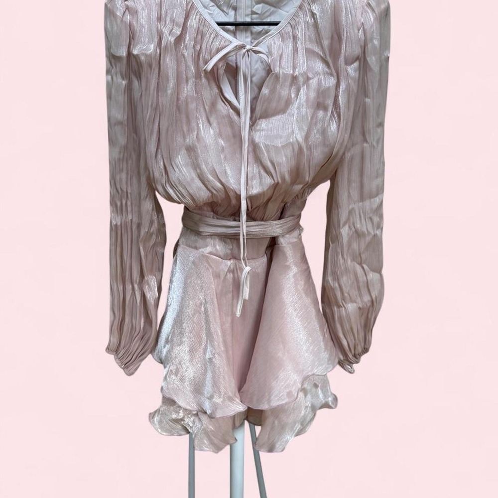 SHEIN Pink Satin Tie Front Long Sleeve Ruffle Romper Size M Evening Party